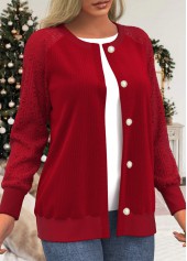 Red tops,Plain Color tops,ROTITA Lace Panel Button Up Red Round Neck Cardigan