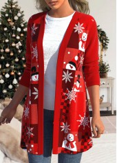 Red outerwear & coats,Christmas outerwear & coats,Plaid outerwear & coats,ROTITA Long Sleeve Red Patchwork Christmas Snowman Print Coat