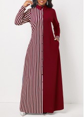 Wine Red dresses,Striped dresses,ROTITA Wine Red Striped Pocket Maxi Dress