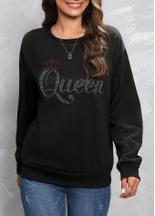 Black tops,Letter tops,Hot Drilling Letter Design Black Round Neck Sweatshirt