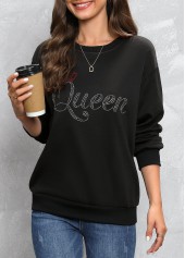 Black tops,Letter tops,Hot Drilling Letter Design Black Round Neck Sweatshirt