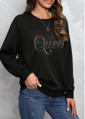 Black tops,Letter tops,Hot Drilling Letter Design Black Round Neck Sweatshirt