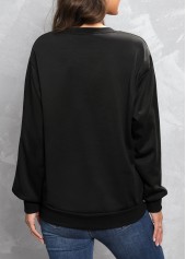 Black tops,Letter tops,Hot Drilling Letter Design Black Round Neck Sweatshirt