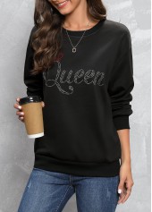 Hot Drilling Letter Design Black Round Neck Sweatshirt