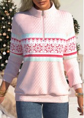 ROTITA Zipper Snowflake Print Light Pink High Neck Sweatshirt