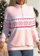 Light Pink tops,Geometric tops,ROTITA Zipper Snowflake Print Light Pink High Neck Sweatshirt