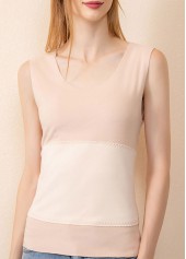 Beige tops,Contrast Color tops,Patchwork Beige Scoop Neck Tank Top