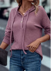 Dark Reddish Purple tops,Plain Color tops,Drawstring Dark Reddish Purple Long Sleeve Hoodie