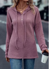 Dark Reddish Purple tops,Plain Color tops,Drawstring Dark Reddish Purple Long Sleeve Hoodie