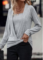 Grey tops,Plain Color tops,Fake 2in1 Grey Long Sleeve Sweatshirt