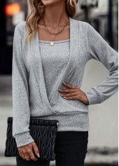 Grey tops,Plain Color tops,Fake 2in1 Grey Long Sleeve Sweatshirt