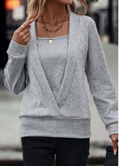 Grey tops,Plain Color tops,Fake 2in1 Grey Long Sleeve Sweatshirt