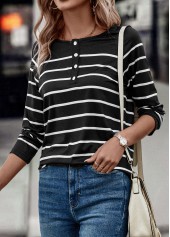 Black tops,Striped tops,Geometric tops,Button Striped Black V Neck T Shirt
