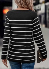 Black tops,Striped tops,Geometric tops,Button Striped Black V Neck T Shirt