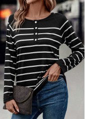 Button Striped Black V Neck T Shirt