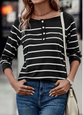 Black tops,Striped tops,Geometric tops,Button Striped Black V Neck T Shirt