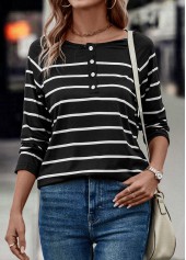 Black tops,Striped tops,Geometric tops,Button Striped Black V Neck T Shirt