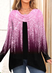 Pink tops,Ombre tops,ROTITA Shinning Print Draped Neck Pink Sweatshirt