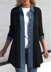 ROTITA Patchwork Black Shirt Collar Long Sleeve Coat