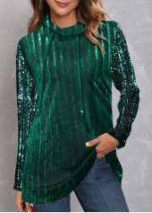 Green tops,Plain Color tops,ROTITA Green Sequin Drawstring Velvet Stitching Sweatshirt