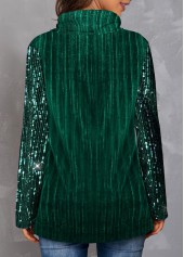 Green tops,Plain Color tops,ROTITA Green Sequin Drawstring Velvet Stitching Sweatshirt