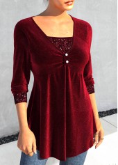 Wine Red tops,Plain Color tops,ROTITA Sequin Wine Red Square Neck T Shirt