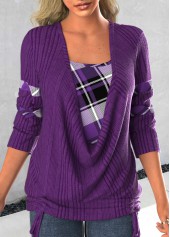 ROTITA Patchwork Plaid Dark Purple Square Neck Sweatshirt