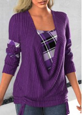 Dark Purple tops,Plaid tops,ROTITA Patchwork Plaid Dark Purple Square Neck Sweatshirt