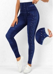 Denim Blue Beaded High Waisted Leggings