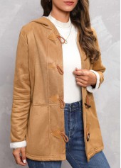 Plush Dark Camel Hooded Long Sleeve Coat