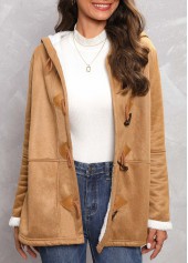 Dark Camel outerwear & coats,Contrast Color outerwear & coats,Plush Dark Camel Hooded Long Sleeve Coat
