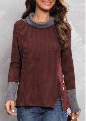 Button Deep Red Cowl Neck T Shirt