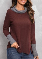Deep Red tops,Contrast Color tops,Button Deep Red Cowl Neck T Shirt