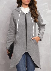 Grey outerwear & coats,Plain Color outerwear & coats,Zipper Grey Hooded Long Sleeve Coat