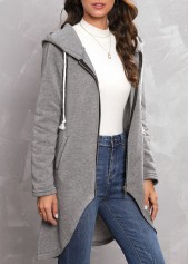 Grey outerwear & coats,Plain Color outerwear & coats,Zipper Grey Hooded Long Sleeve Coat