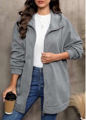 Zipper Grey Hooded Long Sleeve Coat