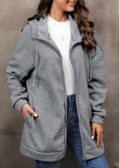 Grey outerwear & coats,Plain Color outerwear & coats,Zipper Grey Hooded Long Sleeve Coat