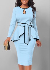 Light Blue dresses,Plain Color dresses,ROTITA Contrast Binding Light Blue Belted Bodycon Dress