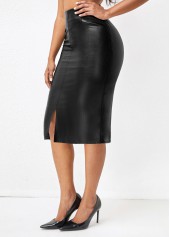 Black bottoms,Plain Color bottoms,ROTITA Split Black Elastic Waist Bodycon Skirt