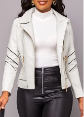 White outerwear & coats,Plain Color outerwear & coats,Zipper White Lapel Long Sleeve Jacket