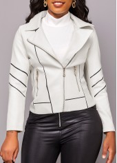 White outerwear & coats,Plain Color outerwear & coats,Zipper White Lapel Long Sleeve Jacket