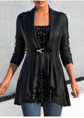 ROTITA Ruffle Long Sleeve Black Leather Buckle Jacket