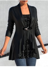 Black outerwear & coats,Plain Color outerwear & coats,ROTITA Ruffle Long Sleeve Black Leather Buckle Jacket