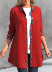 Red outerwear & coats,Plaid outerwear & coats,Geometric outerwear & coats,ROTITA Button Plaid Red Shirt Collar Long Sleeve Coat