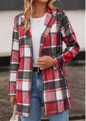 Red outerwear & coats,Plaid outerwear & coats,Pocket Plaid Red Lapel Long Sleeve Coat