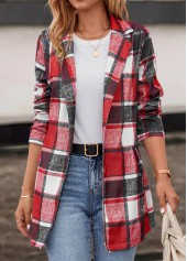 Pocket Plaid Red Lapel Long Sleeve Coat