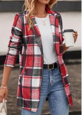 Red outerwear & coats,Plaid outerwear & coats,Pocket Plaid Red Lapel Long Sleeve Coat