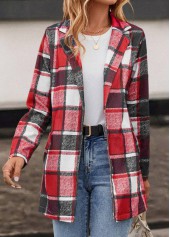 Red outerwear & coats,Plaid outerwear & coats,Pocket Plaid Red Lapel Long Sleeve Coat