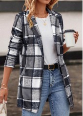 Dark Grey outerwear & coats,Plaid outerwear & coats,Pocket Plaid Dark Grey Lapel Long Sleeve Coat