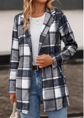 Dark Grey outerwear & coats,Plaid outerwear & coats,Pocket Plaid Dark Grey Lapel Long Sleeve Coat